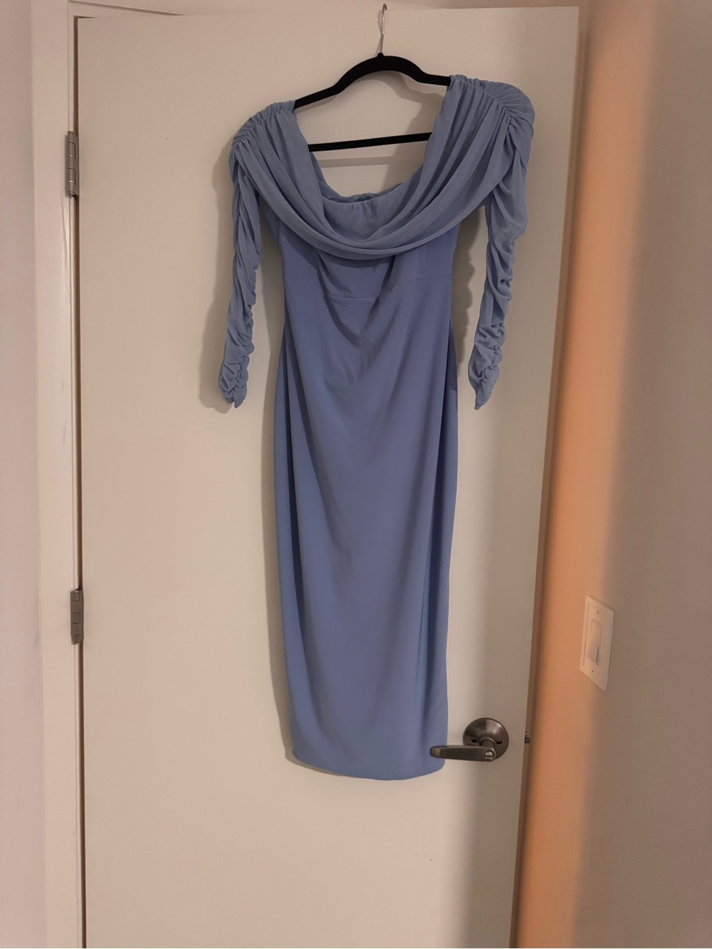 Club L London Maternity Off-Shoulder Midi Dress in Light Blue